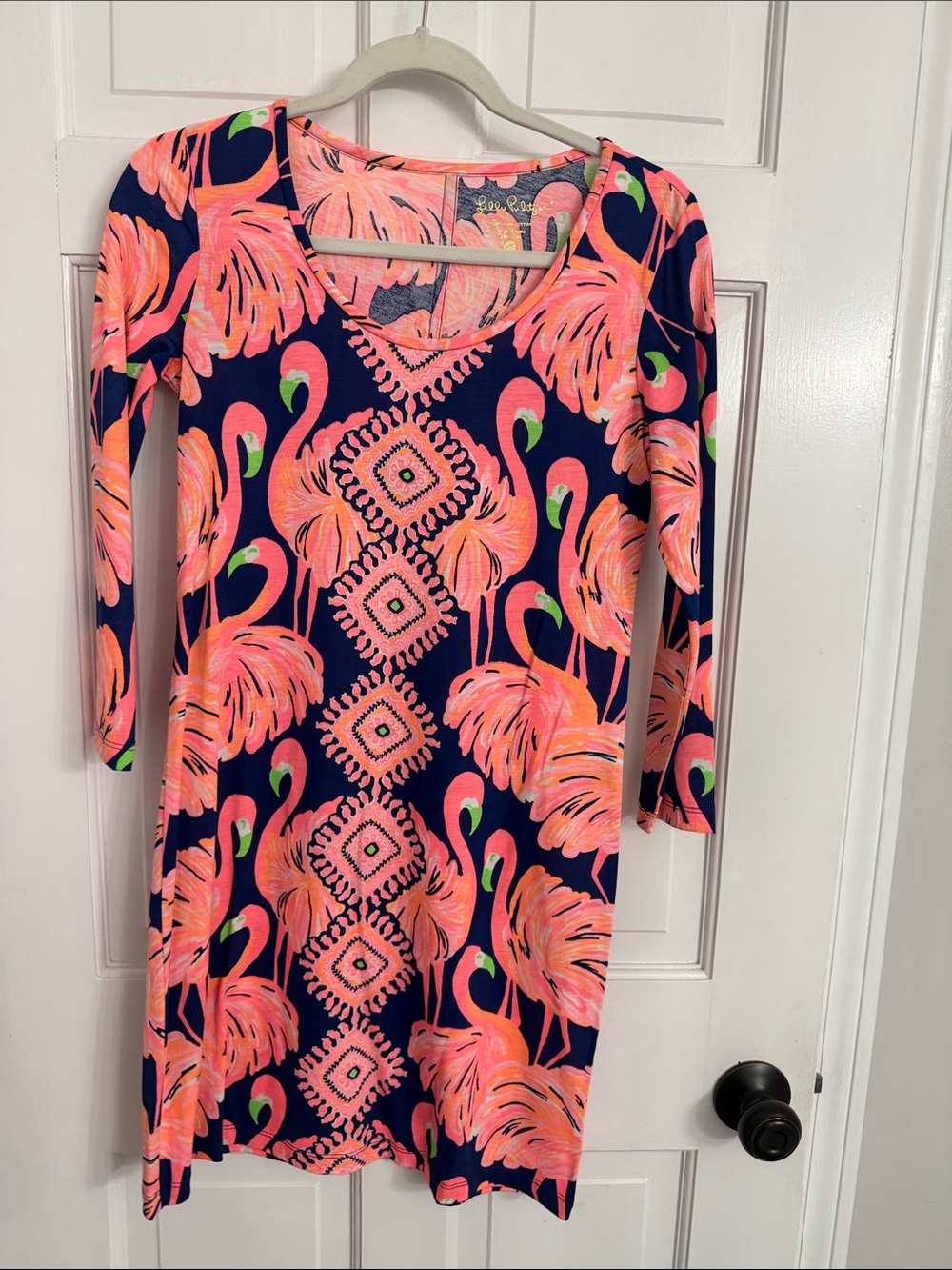 Lilly Pulitzer Navy Dress with Neon Pink Flamingo Pattern